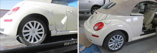 White VW Beetle with side damage, then repaired