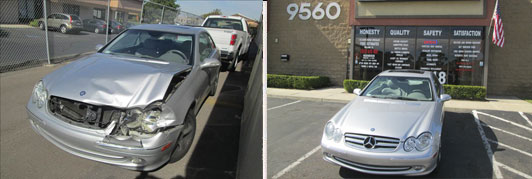 Silver Mercedes with front-end crash damage, then repaired outside the shop