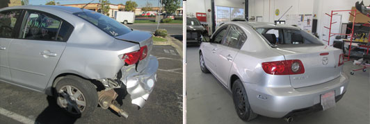 Silver sedan with rear-quarter collision damage, then repaired